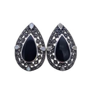 VTG 925 Large Statement Pear Shapes Onyx & Marcasite & MOP Clip On Earrings